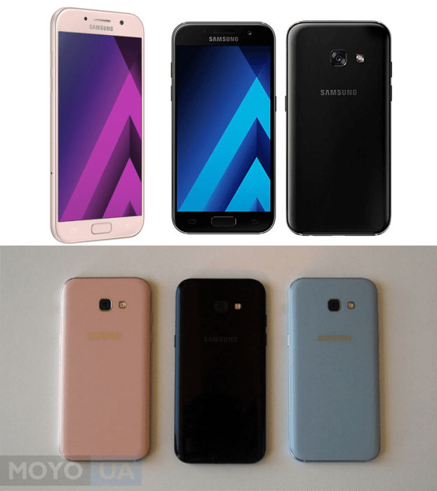 Samsung Galaxy A3 2017 в черном, розовом и голубом цвете.