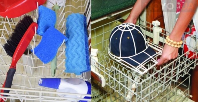 Кепка и моющие губки в посудомоечной машине