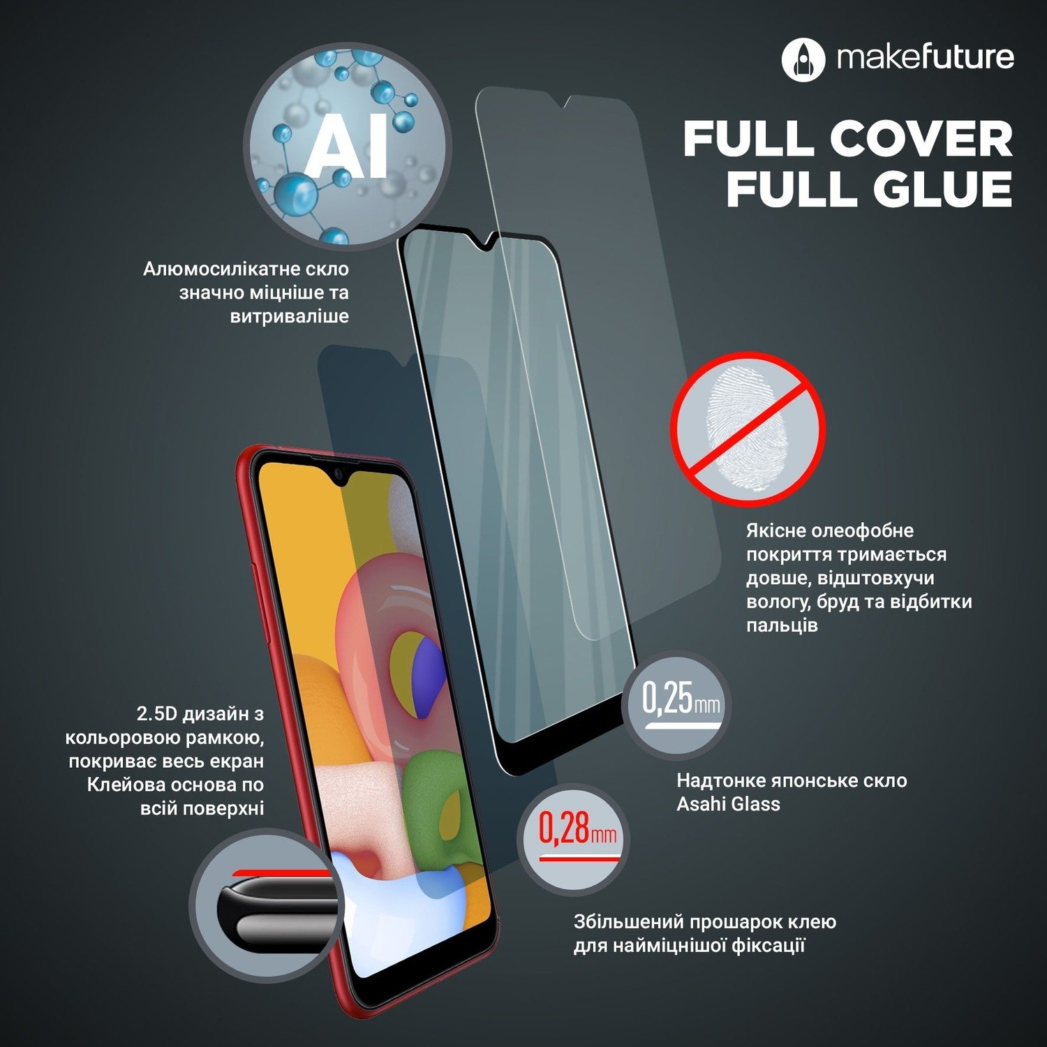 Защитное стекло MakeFuture для Galaxy A22 Full Cover Full Glue (MGF-SA22) фото 