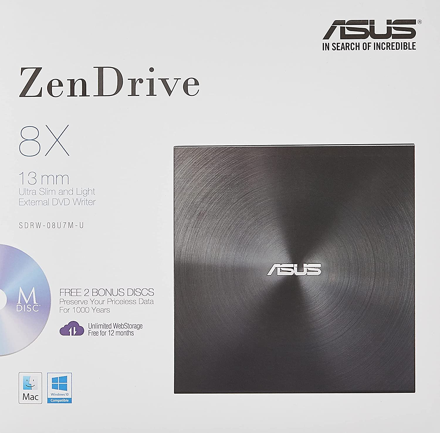 Привод ASUS ZenDrive SDRW-08U7M-U DVD+-R/RW USB2.0 EXT Ret Ultra Slim ...