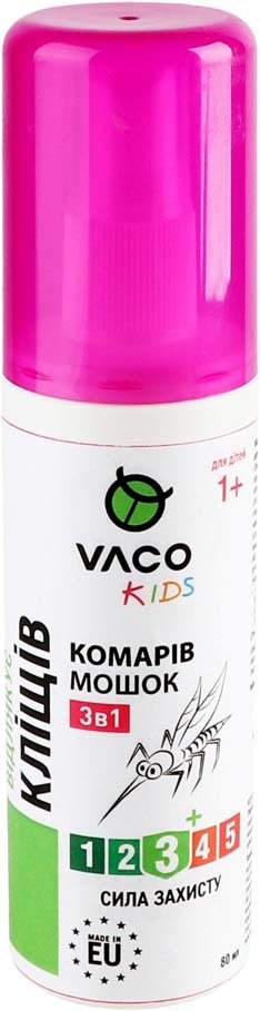 Cпрей 3в1 от комаров, клещей и мошек для детей от 1 года Vaco Kids 80мл фото 2