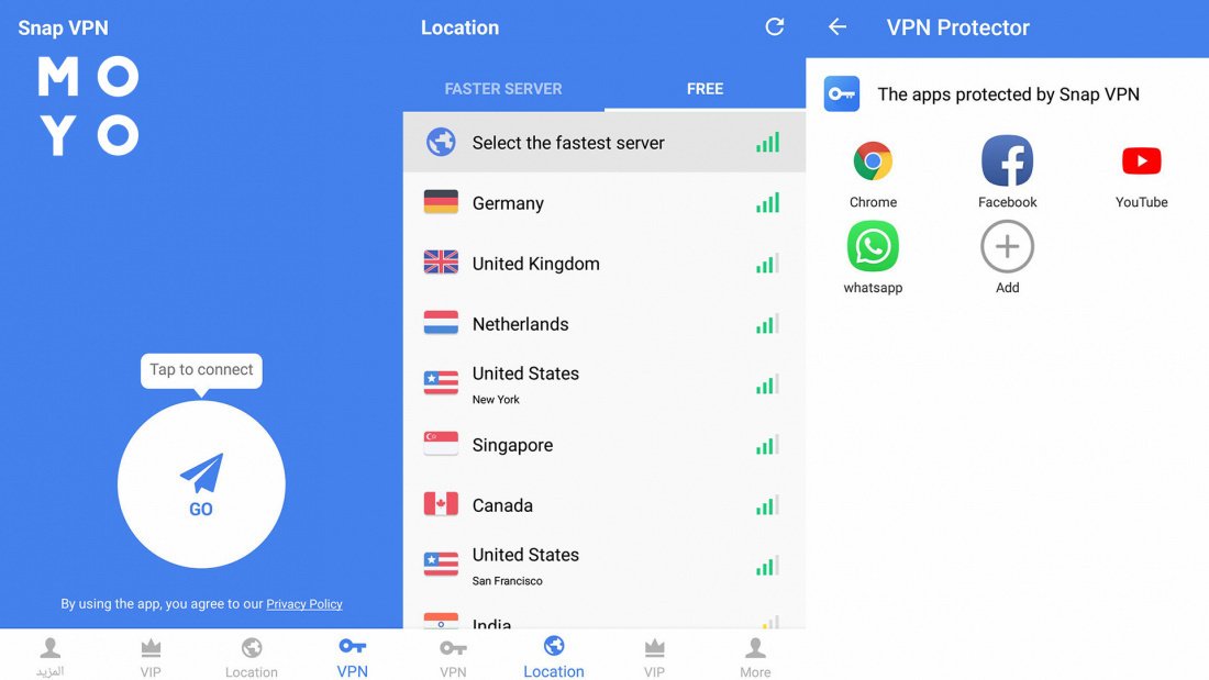 Snap VPN, выбор подключения