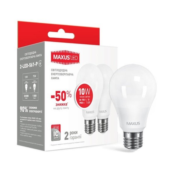Акция на Комплект светодиодных ламп MAXUS A60 10W 3000K 220V E27 (2-LED-561-P) от MOYO