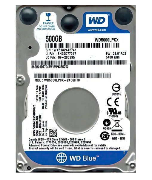 

Жесткий диск внутренний WD 2.5" SATA 3.0 0.5TB 5400rpm 16Mb Cache Blue 7mm (WD5000LPCX)