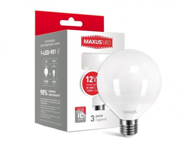

Светодиодная лампа MAXUS G95 12W 3000K 220V E27 (1-LED-901)