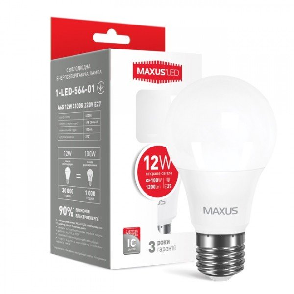 

Светодиодная лампа MAXUS A65 12W яркий свет 220V E27 (1-LED-564-01)