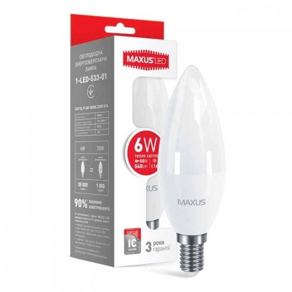 

Светодиодная лампа MAXUS C37 6W мягкий свет 220V E14 (1-LED-533-01)