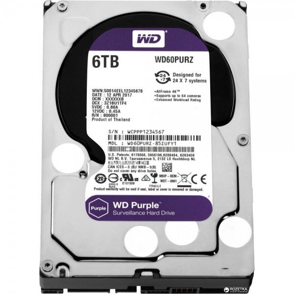 

Жесткий диск внутренний WDC HDD SATA 6TB 6GB/S 64MB/PURPLE (WD60PURZ)