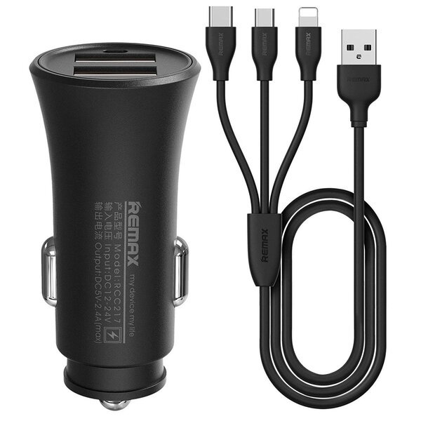 

Автомобильное зарядное устройство Remax Rocket 2xUSB 2.4A + 3in1 Cable Black