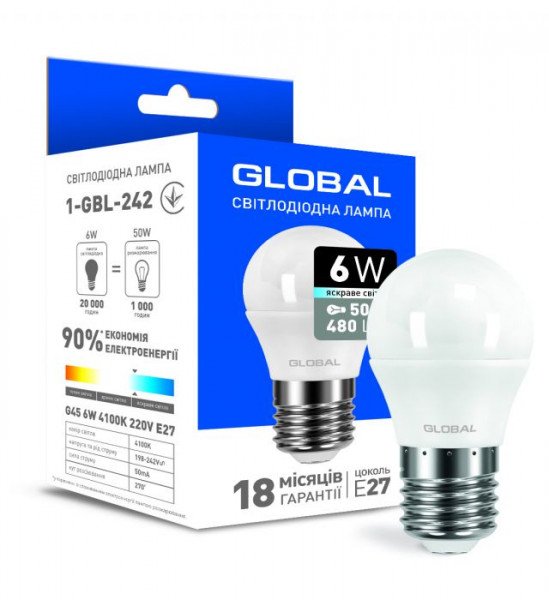 

Светодиодная лампа GLOBAL G45 F 6W яркий свет 220V E27 AP (1-GBL-242)
