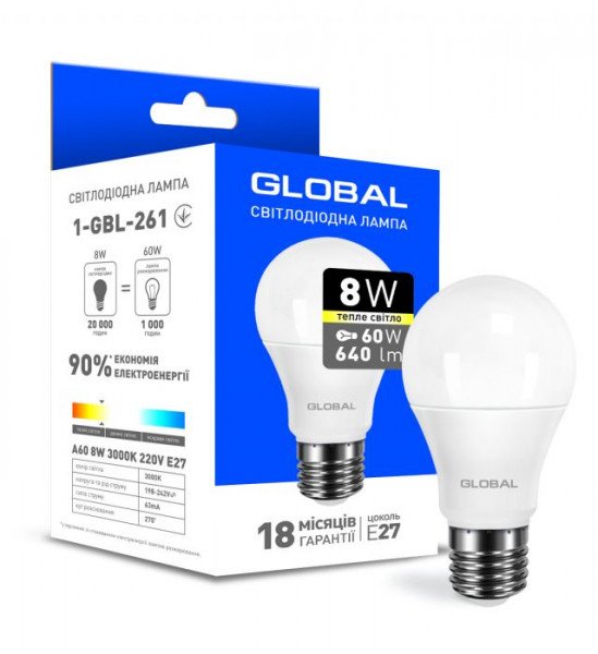 

Светодиодная лампа GLOBAL A60 8W мягкий свет 220V E27 AL (1-GBL-261)