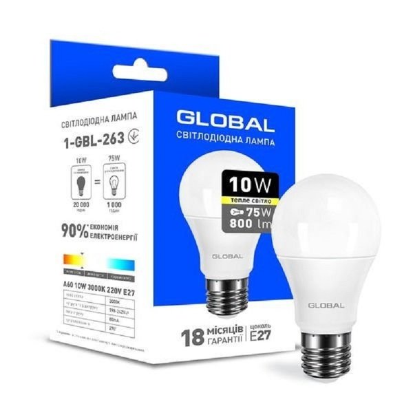 Акція на Светодиодная лампа GLOBAL A60 10W мягкий свет 220V E27 AL (1-GBL-263) від MOYO