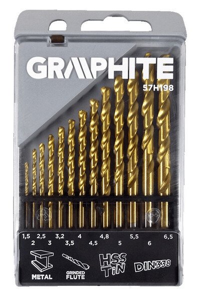

Сверла по металлу Graphite HSS-TiN 1.5-6.5 мм, набор 13 шт.