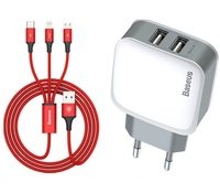 Зарядное устройство Baseus Letour Dual U Charger(EU)+3-in-1 Red Cable (Apple+Micro+Type-C) White