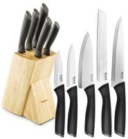  Набір ножів Tefal Comfort 6 предметів, пластик, нержавіюча сталь, дерев'яна підставка (K221SA14) 