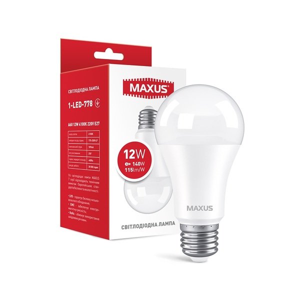 

Светодиодная лампа MAXUS A60 12W 4100K 220V E27 AL (1-LED-778)