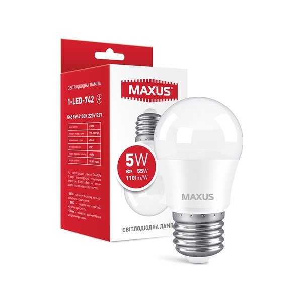 

Светодиодная лампа MAXUS G45 5W 41000K 220V E27 (1-LED-742)