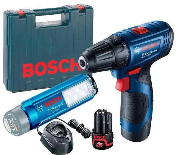 

Шуруповерт-дрель Bosch Professional GSR 120 LI + фонарь GLI 12V-300, 2x2.0Ah