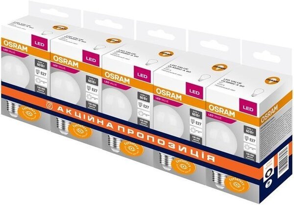 

Набор ламп LED Osram A60 8W 720Лм E27 4000К 5шт / уп