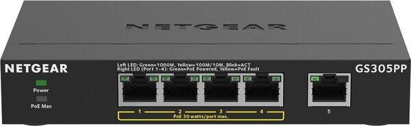 

Коммутатор NETGEAR GS305PP 4xGE PoE+, 1x GE, неуправляемый