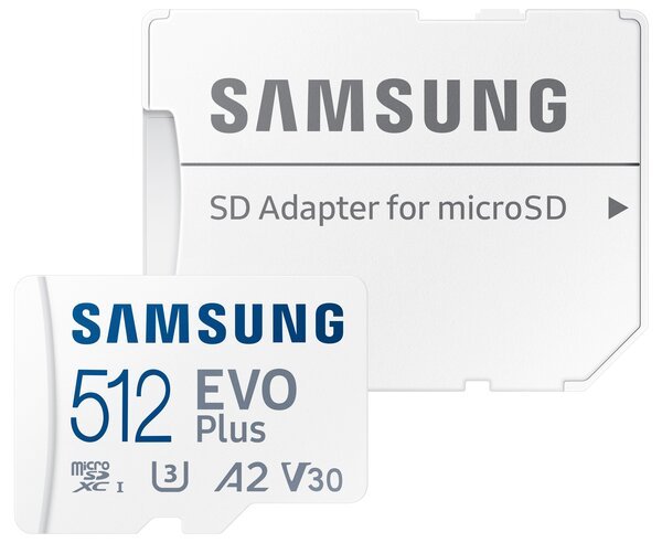 

Карта памяти Samsung Evo Plus microSDXC 512GB Class 10 UHS-I U3 V30 A2 R130B/s + SD адаптер
