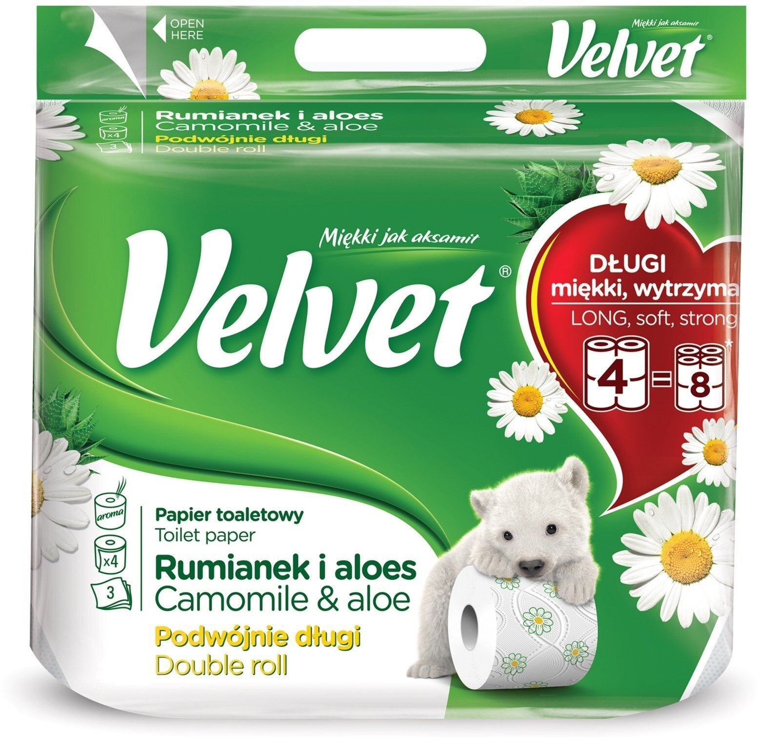 

Туалетная бумага Velvet Ромашка и алоэ, с ручкой 3 слоя 4 рулона