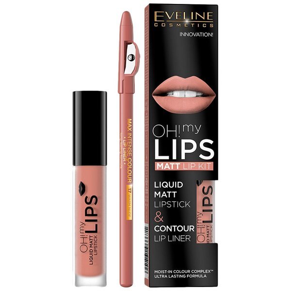 

Eveline Cosmetics Набор №1:матовая губная помада №01 oh my lips 4,5мл+контурный карандаш для губ 17-nude серии max inten