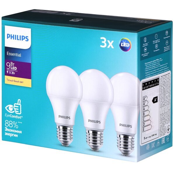 Набор ламп светодиодных Philips LEDBulb 9W (900lm) 3000K E27 ...