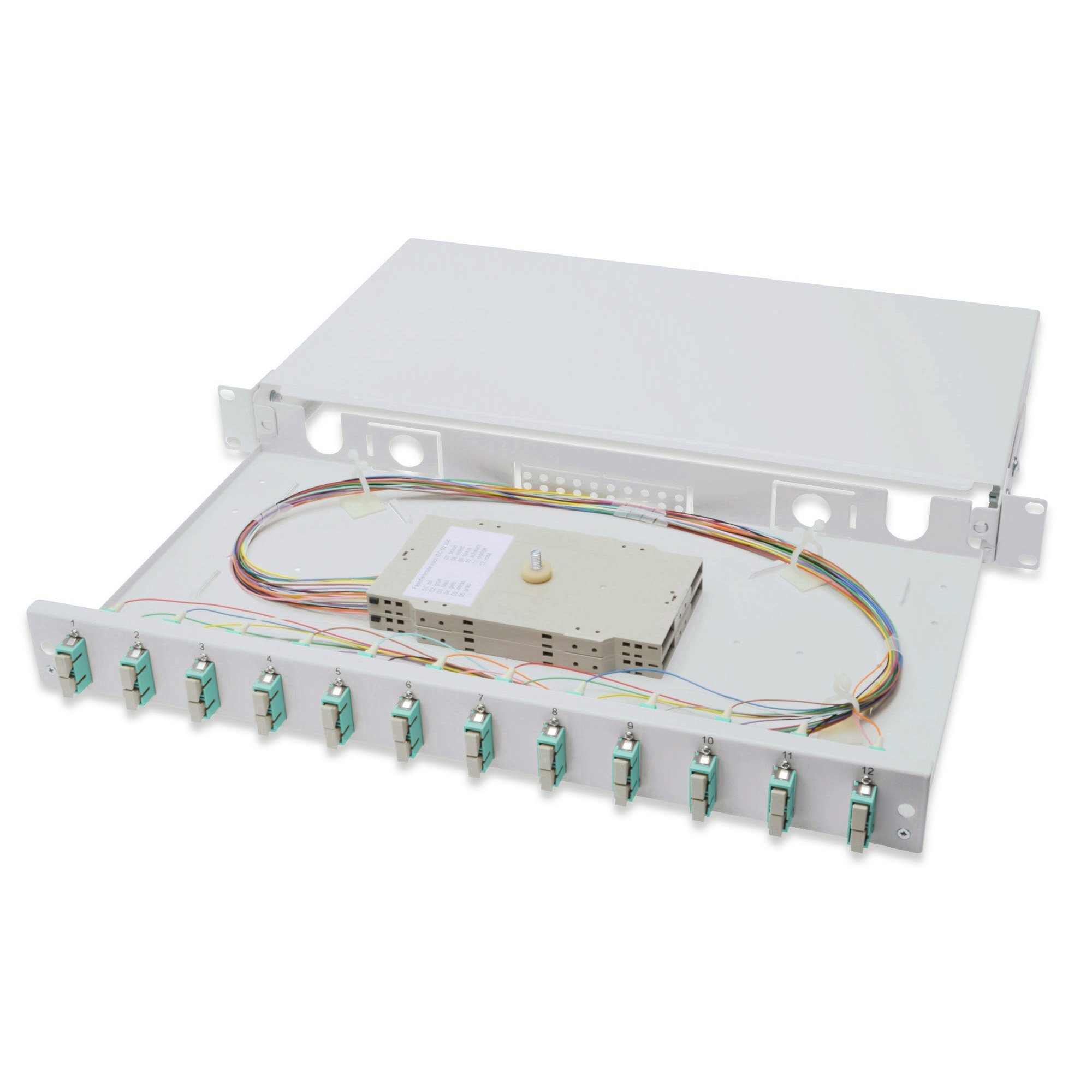 Оптична панель DIGITUS 19' 1U, 12xSC duplex, Incl, Splice Cass, OM3 Color Pigtails, Adapter (DN-96321/3)фото1