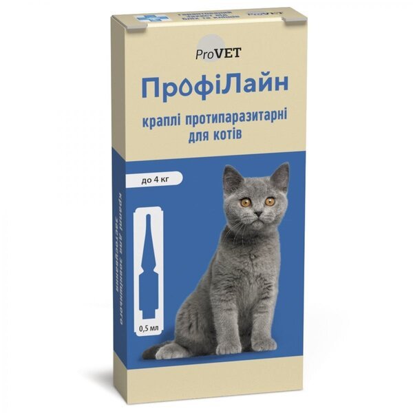 

Капли от блох и клещей ProVET ПрофиЛайн для кошек весом до 4 кг, 4 пипетки по 0,5 мл