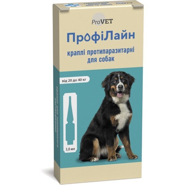 

Капли от блох и клещей ProVET ПрофиЛайн для собак весом 20-40 кг, 4 пипетки по 3,0 мл