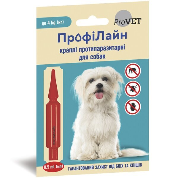 

Капли от блох и клещей ProVET ПрофиЛайн для собак весом до 4 кг, 1 пипетка по 0,5 мл