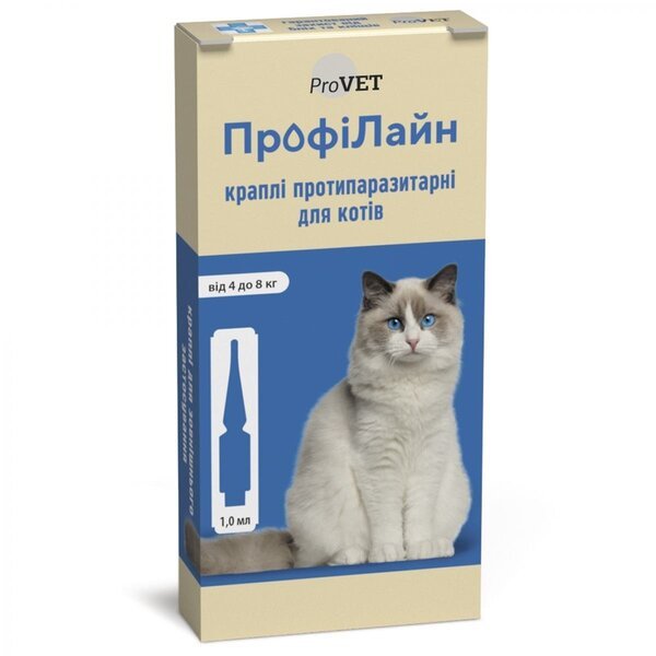 

Капли от блох и клещей ProVET ПрофиЛайн для кошек весом 4-8 кг, 4 пипетки по 1,0 мл