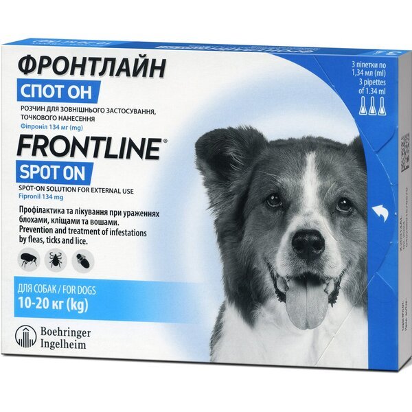 

Капли Boehringer Ingelheim Frontline (Фронтлайн) Spot-on Dog M от блох и клещей для собак весом 10-20 кг 3 шт