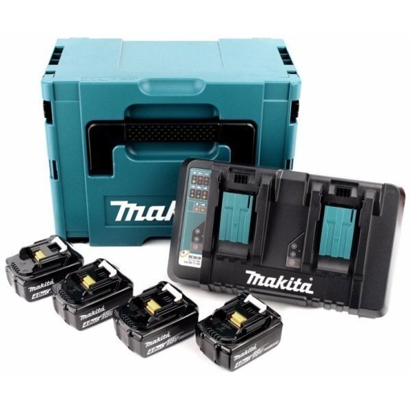 

Набор аккумуляторов + зарядное устройство Makita 197156-9, LXT BL1840 x 4шт (18В, 4Ач) + DC18RD, кейс Makpac 3