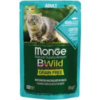 Вологий корм для кішок Monge Cat Be Wild Gr.Free шматочки в соусі, тріска з креветками та овочами, 85 г