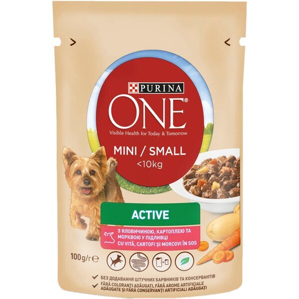 

Влажный корм для активных собак мелких пород Purina One Mini Active , в соусе, с говядиной, морковью и картофелем, 100 г