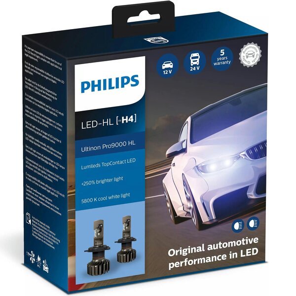 

Лампа Philips светодиодная 12V/24V 18W H4 Led P43t Ultinon Pro9000 + 250% (2шт) (PS_11342_U90CW_X2)