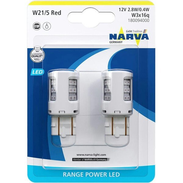 

Лампа Narva светодиодная 12V 2.7W W21/5 W3x16D Led,Range Power Led Красный (2шт) (NV_18009.2B)
