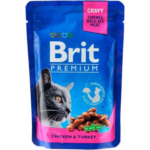 

Влажный корм Brit Premium для котов с курицей и индейкой 100г