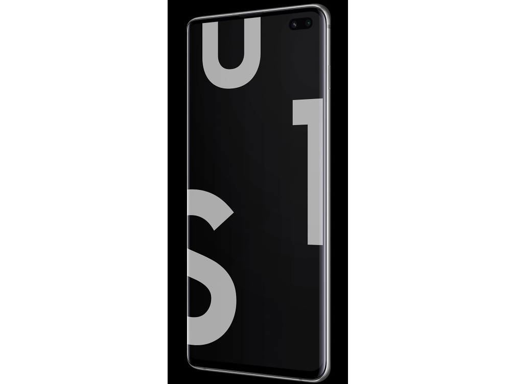 Galaxy S10 plus seen from the front at an angle with the S10 logo dynamically placed on the screen.